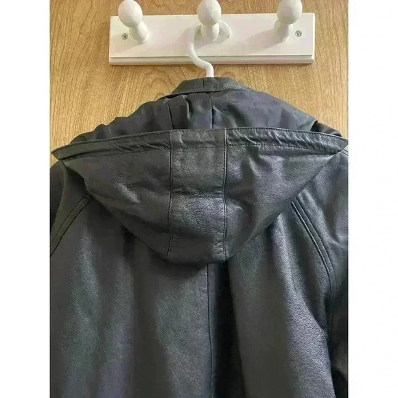 Vintage Real Leather Hooded Jacket Zip And Button Heavy Size M Pockets *Read* - Picture 13 of 16